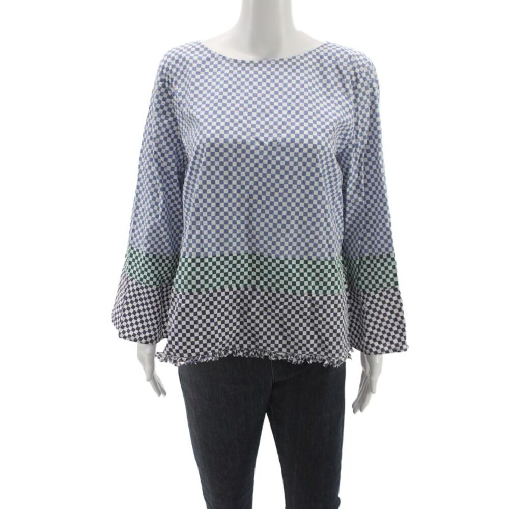 Marella Womens Multicolor Check Boat Neck Long Sleeve Basic Blouse Size 14